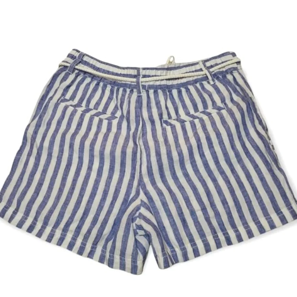 100% Linen Nicole Miller Striped Shorts in Blue & White with Rope Tie Belt - Picture 3 of 9